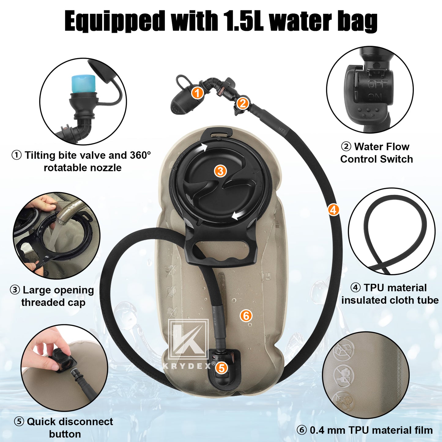 Krydex Tactical Hydration Pack 1.5L 50oz Water Bladder Carrier MOLLE for vest Hydro Backpack