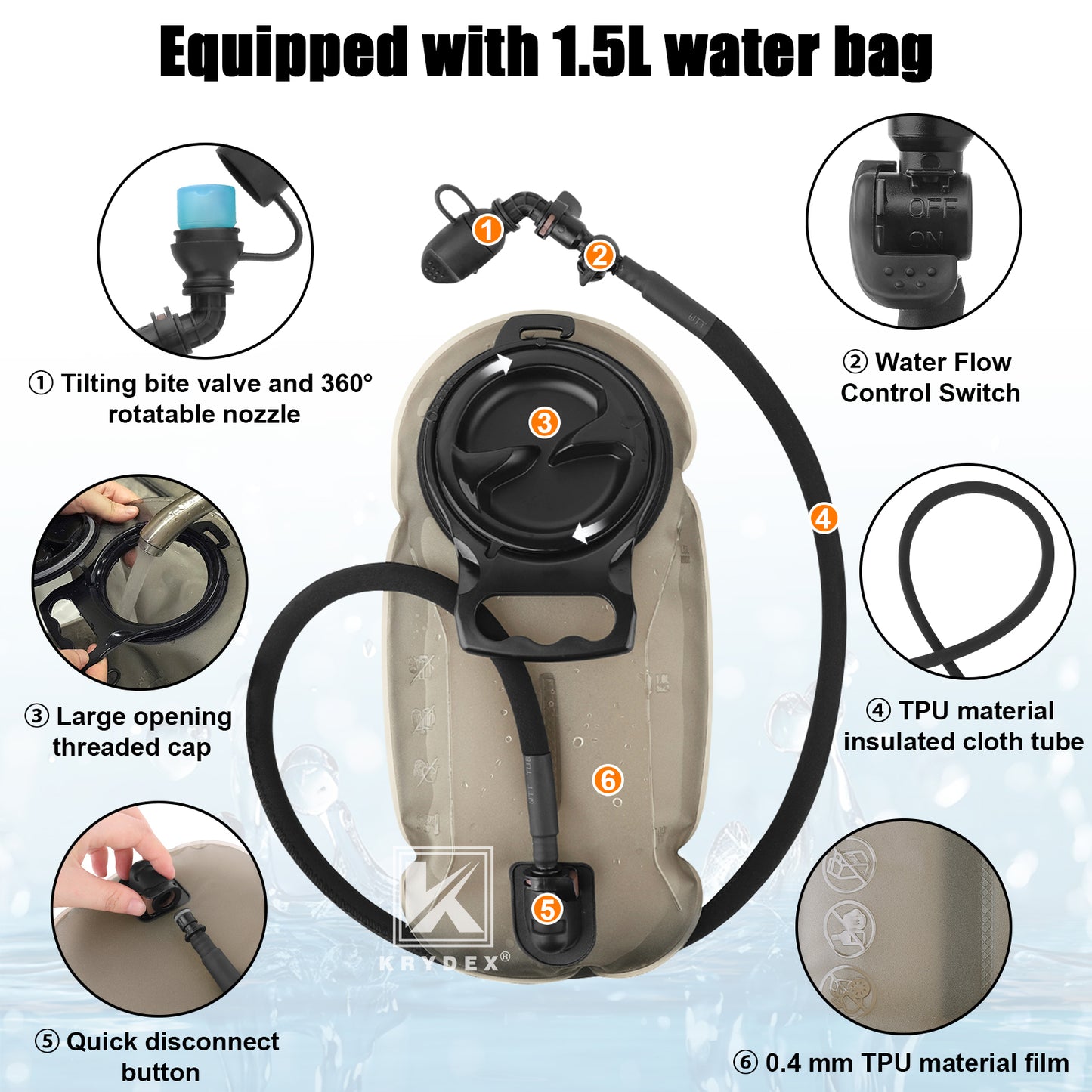 Krydex Tactical Hydration Pack 1.5L 50oz Water Bladder Carrier MOLLE for vest Hydro Backpack