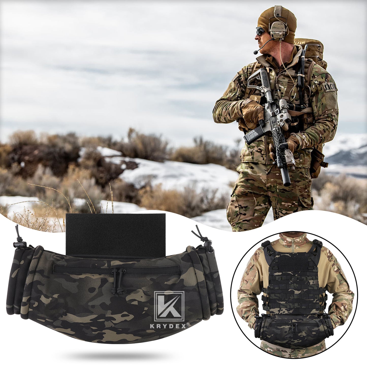 Krydex Tactical Soft Shell Hand Warmer Muff Sherpa Fleece Lined Muffler Water-Resist Vest Drop Hanger Warmer Pouch Outdoor Winter Hunting Field Survival