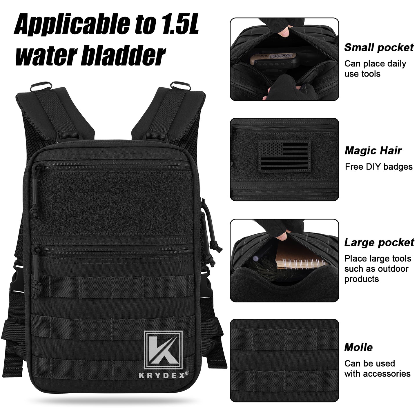 Krydex Tactical Hydration Pack 1.5L 50oz Water Bladder Carrier MOLLE for vest Hydro Backpack