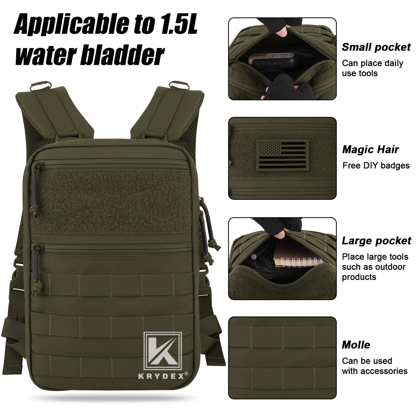 Krydex Tactical Hydration Pack 1.5L 50oz Water Bladder Carrier MOLLE for vest Hydro Backpack