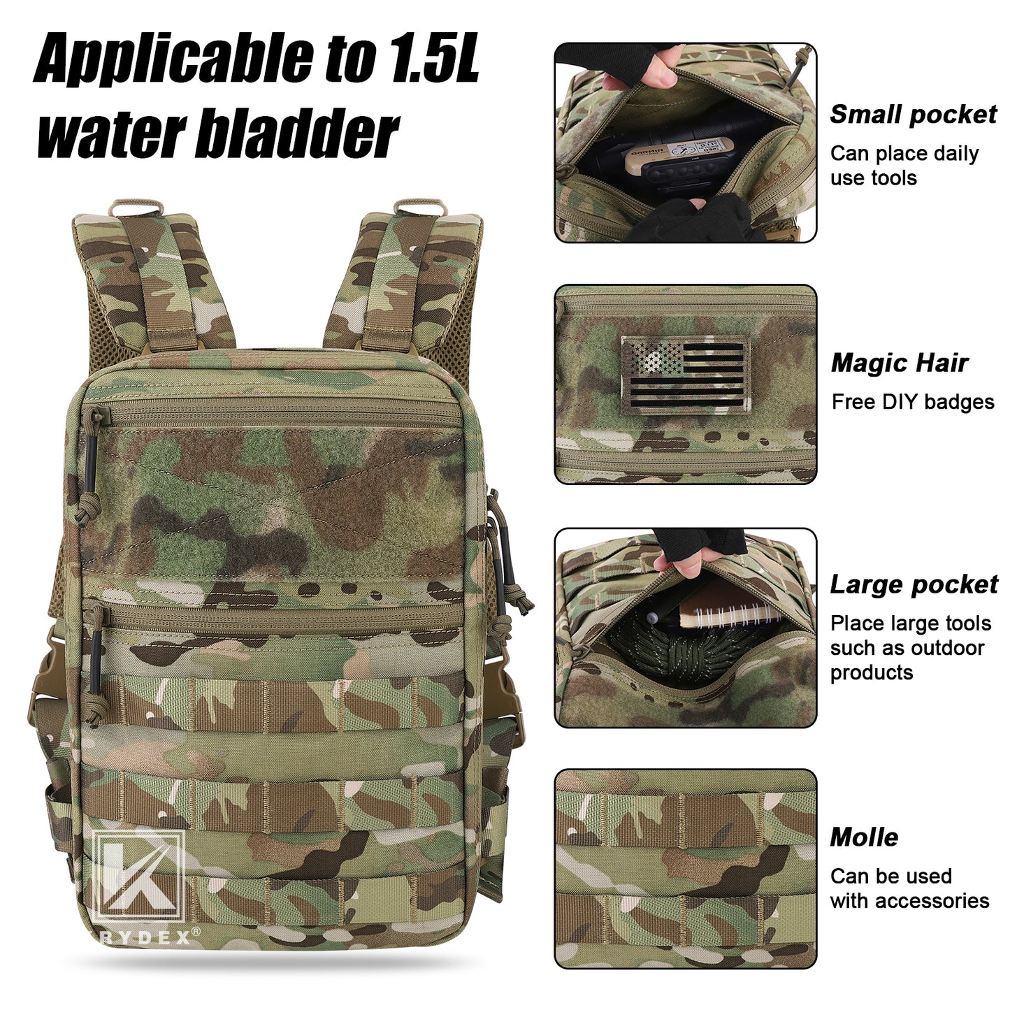 Krydex Tactical Hydration Pack 1.5L 50oz Water Bladder Carrier MOLLE for vest Hydro Backpack