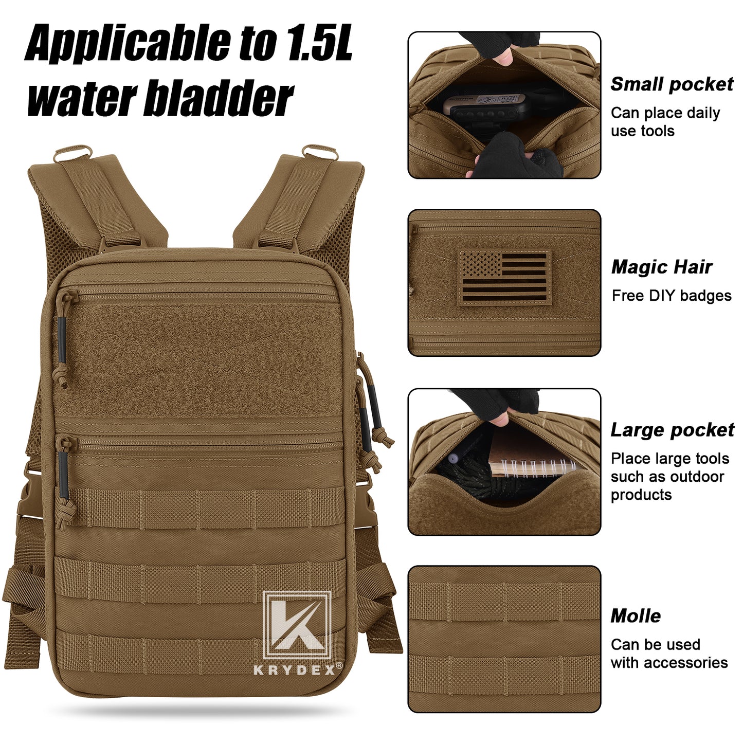 Krydex Tactical Hydration Pack 1.5L 50oz Water Bladder Carrier MOLLE for vest Hydro Backpack
