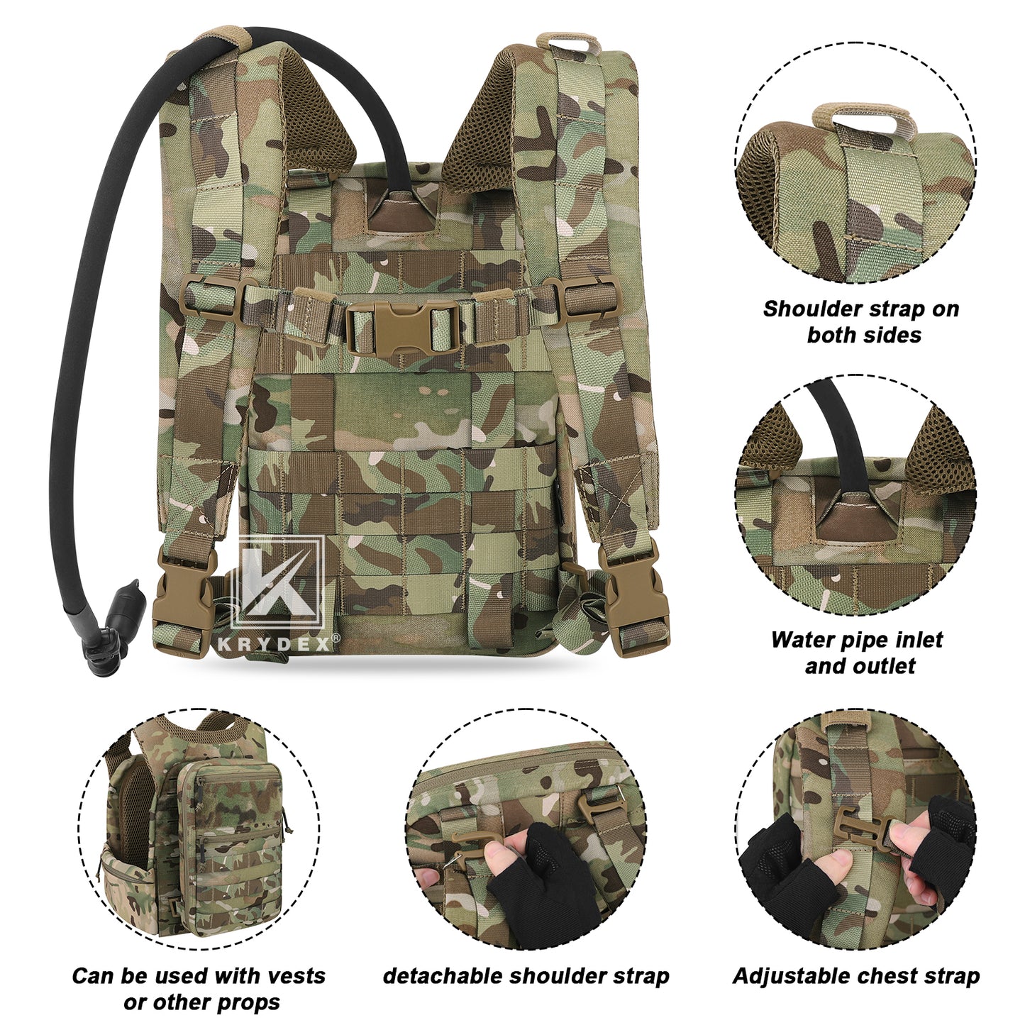 Krydex Tactical Hydration Pack 1.5L 50oz Water Bladder Carrier MOLLE for vest Hydro Backpack