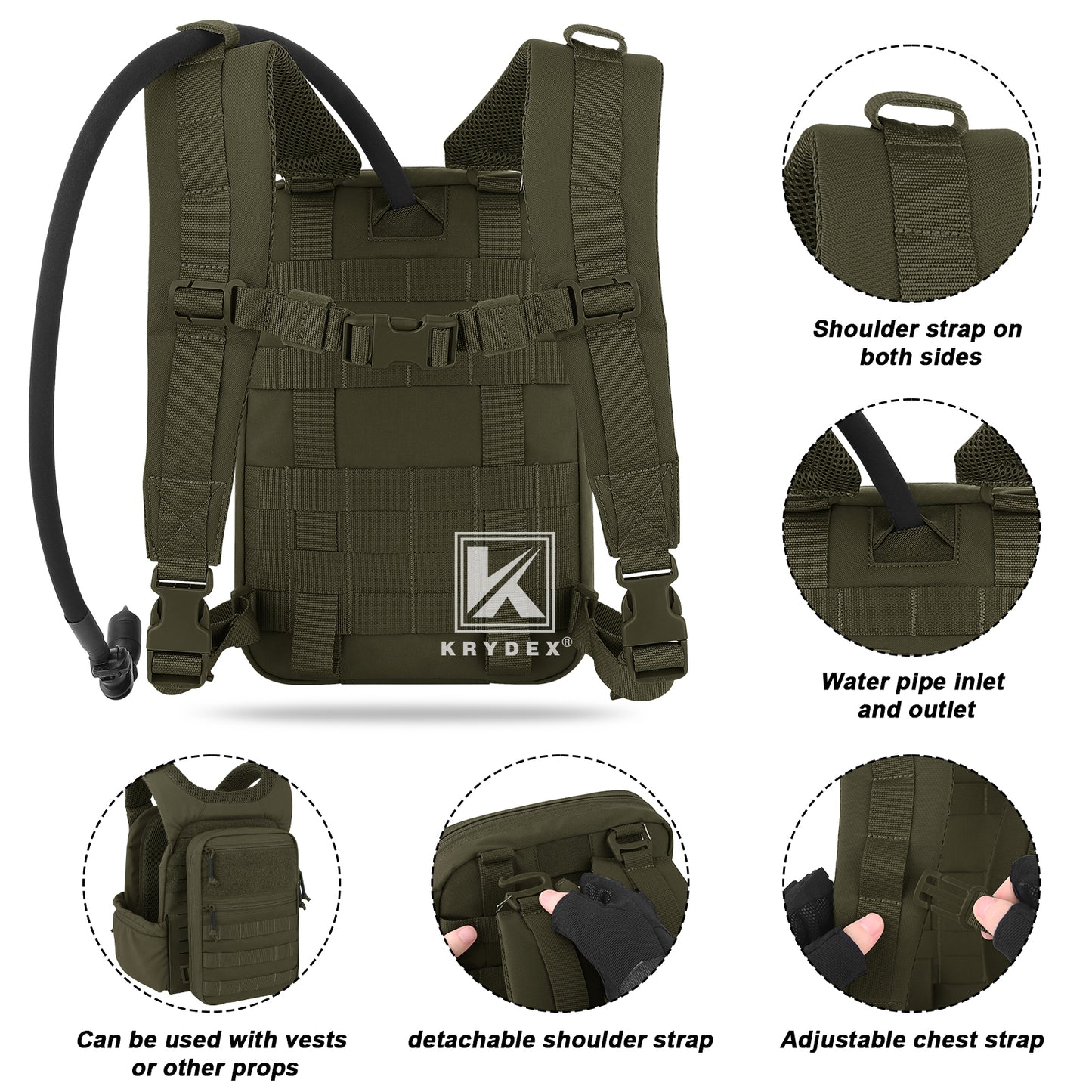 Krydex Tactical Hydration Pack 1.5L 50oz Water Bladder Carrier MOLLE for vest Hydro Backpack
