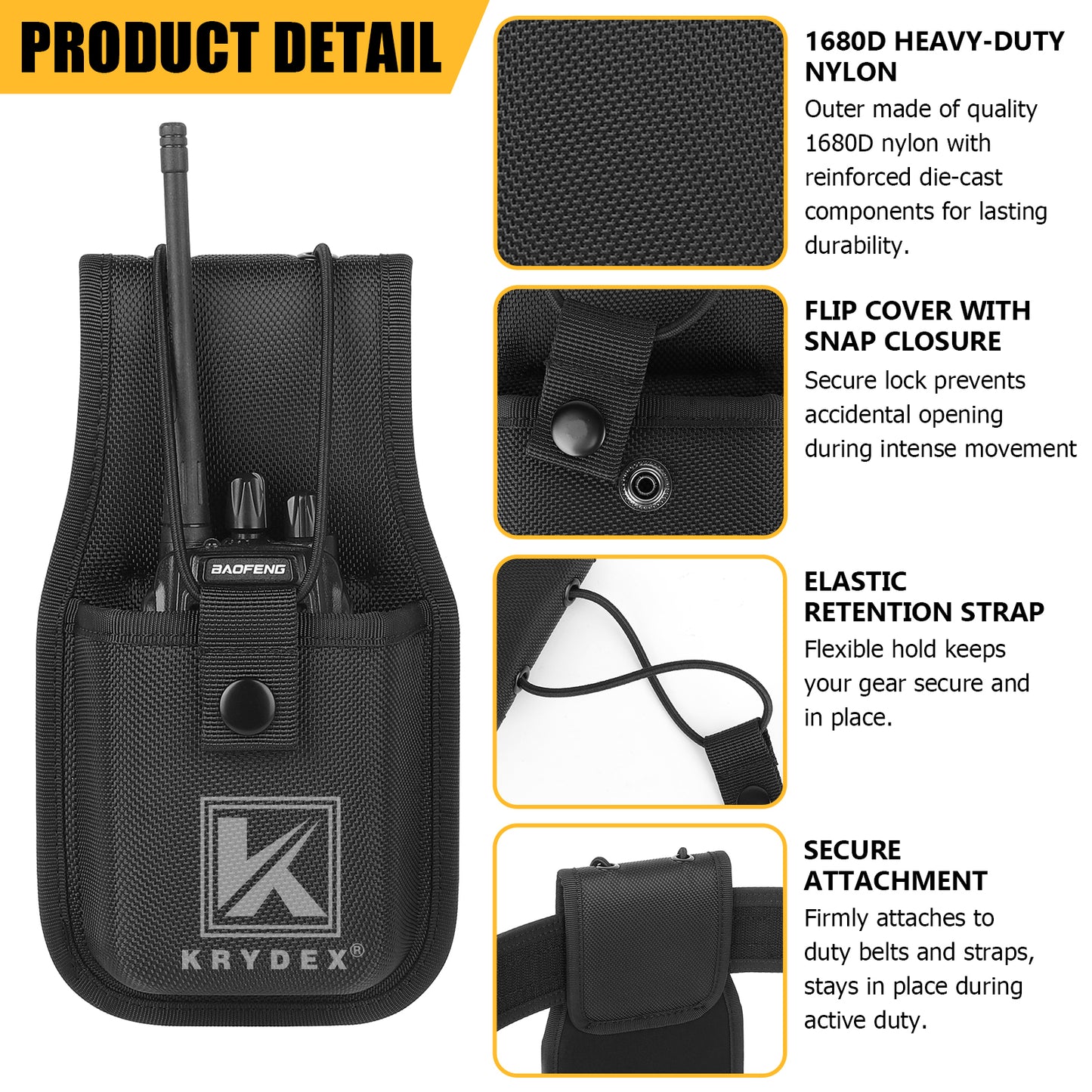 Krydex 1680D Nylon Radio Pouch for Duty Belt Universal Radio Holster Walkie Talkies for Police Security & Law Enforcement Heavy Duty Durable Fits 2" & 2.25" Belts