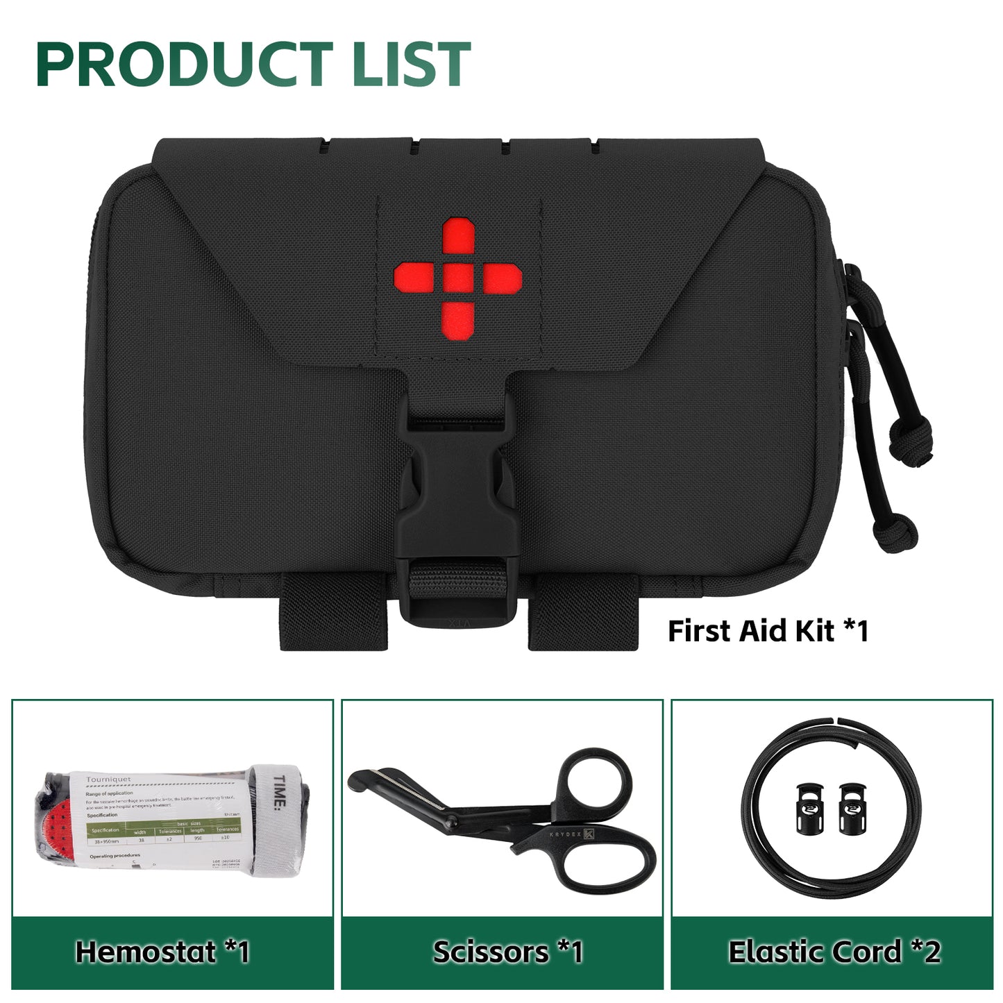 Krydex Tactical Rapid IFAK Pouch – Quick Release Tear-Off Medical Organizer MOLLE/Belt Mountable Trauma Kit 180° Flat Opening with Tourniquet & Shears Holder 500D Cordura