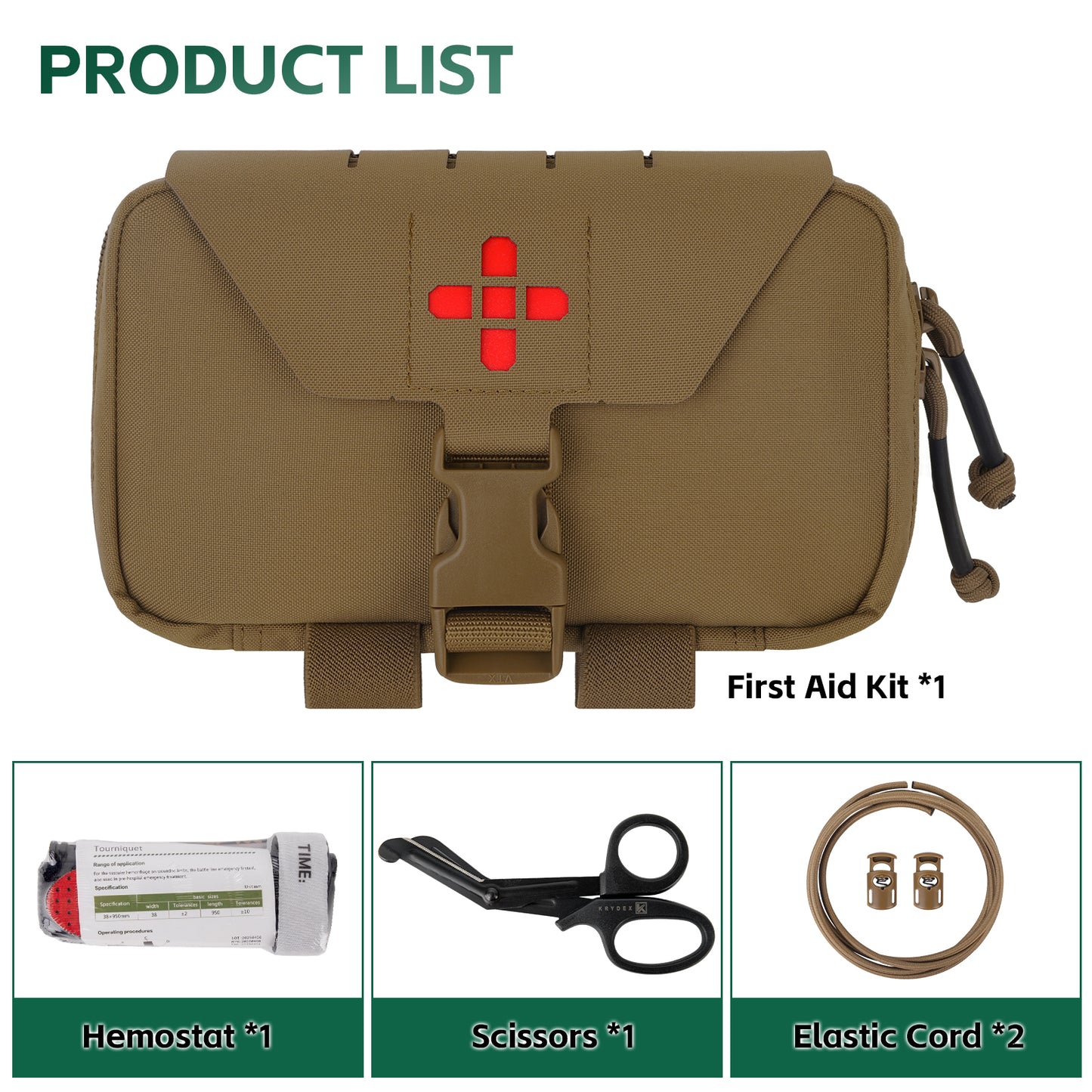 Krydex Tactical Rapid IFAK Pouch – Quick Release Tear-Off Medical Organizer MOLLE/Belt Mountable Trauma Kit 180° Flat Opening with Tourniquet & Shears Holder 500D Cordura
