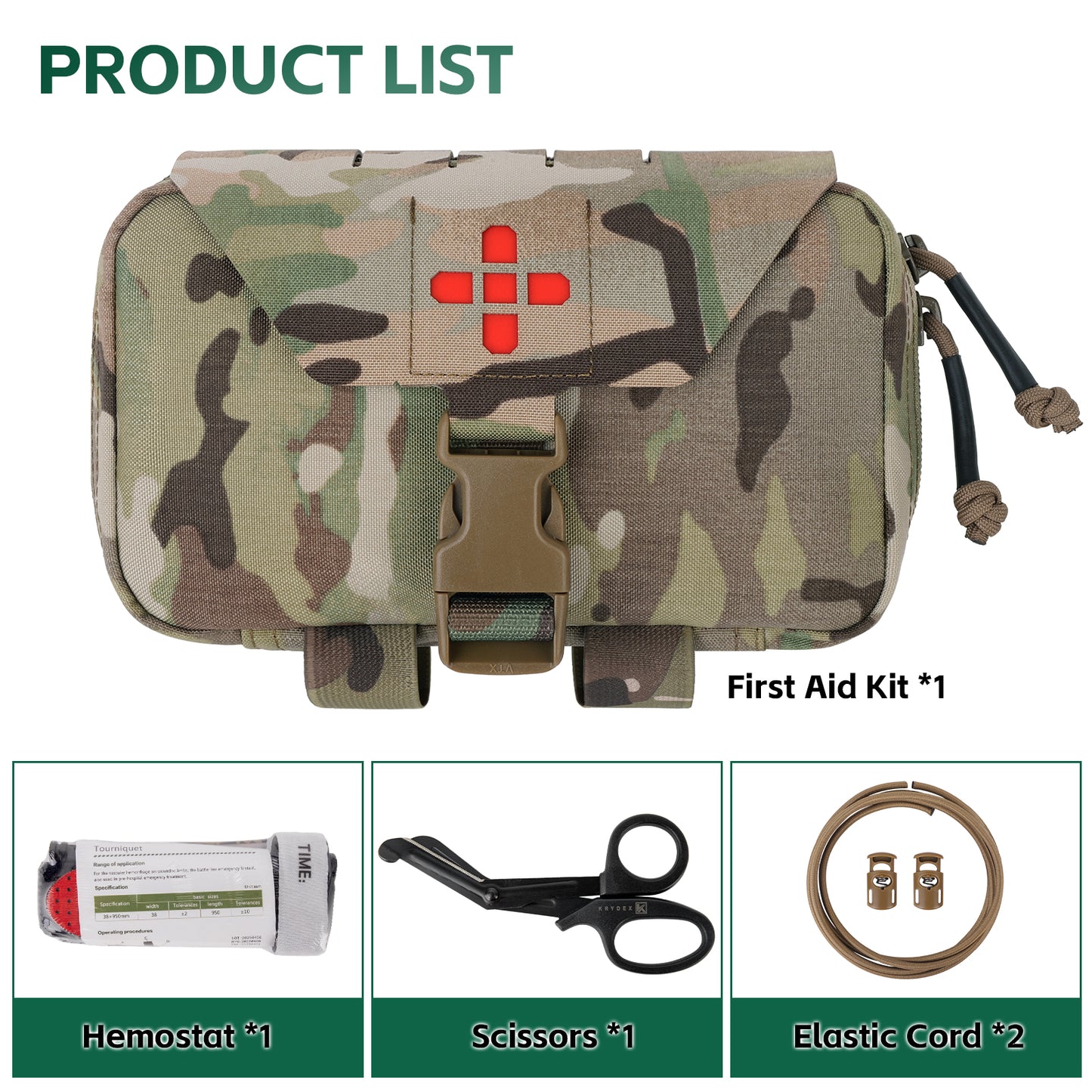 Krydex Tactical Rapid IFAK Pouch – Quick Release Tear-Off Medical Organizer MOLLE/Belt Mountable Trauma Kit 180° Flat Opening with Tourniquet & Shears Holder 500D Cordura