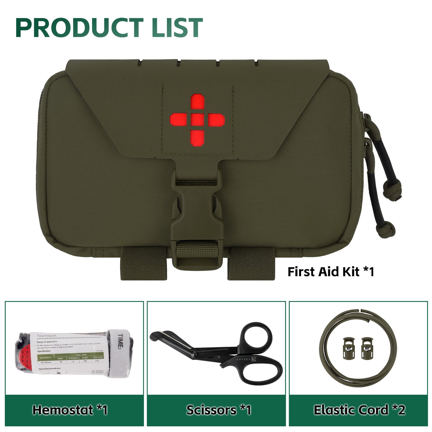Krydex Tactical Rapid IFAK Pouch – Quick Release Tear-Off Medical Organizer MOLLE/Belt Mountable Trauma Kit 180° Flat Opening with Tourniquet & Shears Holder 500D Cordura