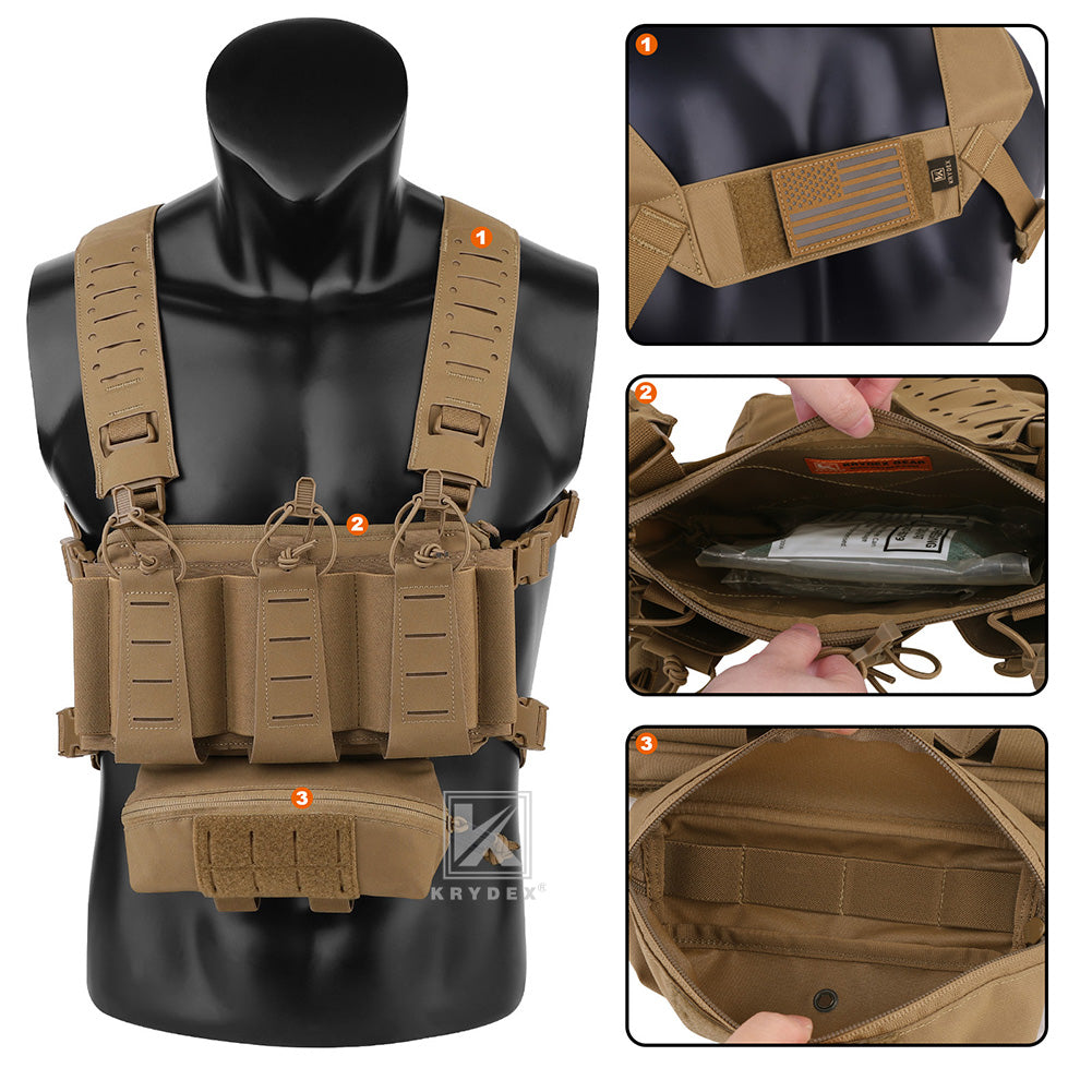 Krydex Tactical Chest Rig Triple Elastic 556 Magazine Pouch Placard GP Pouch Mini Drop Dangler Pouch