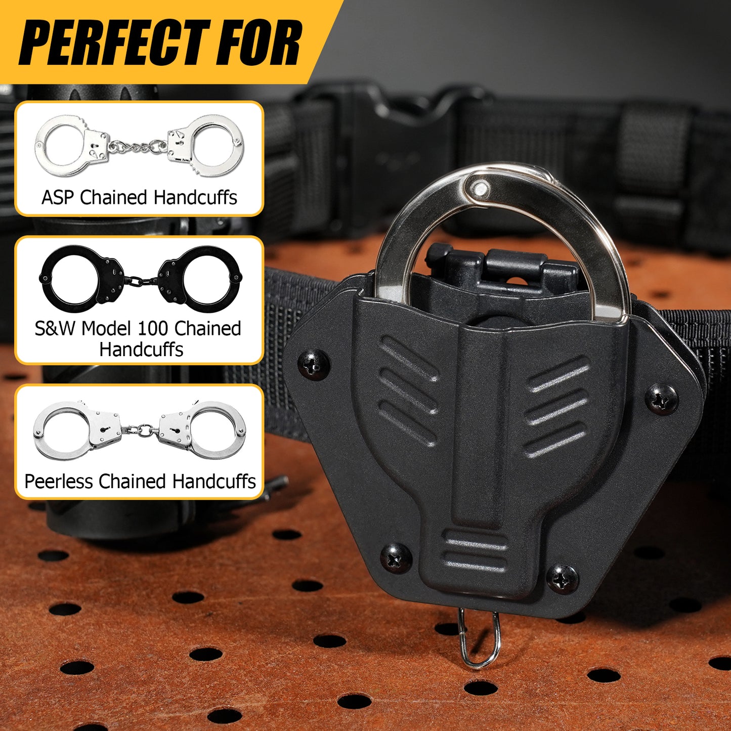 Krydex Handcuff Holster 360° Rotatable Dual-Lock Mount For 1.5”-2.25” Belt & MOLLE Clip Fits S&W Model 100/ASP/Peerless Chain Handcuffs Holder