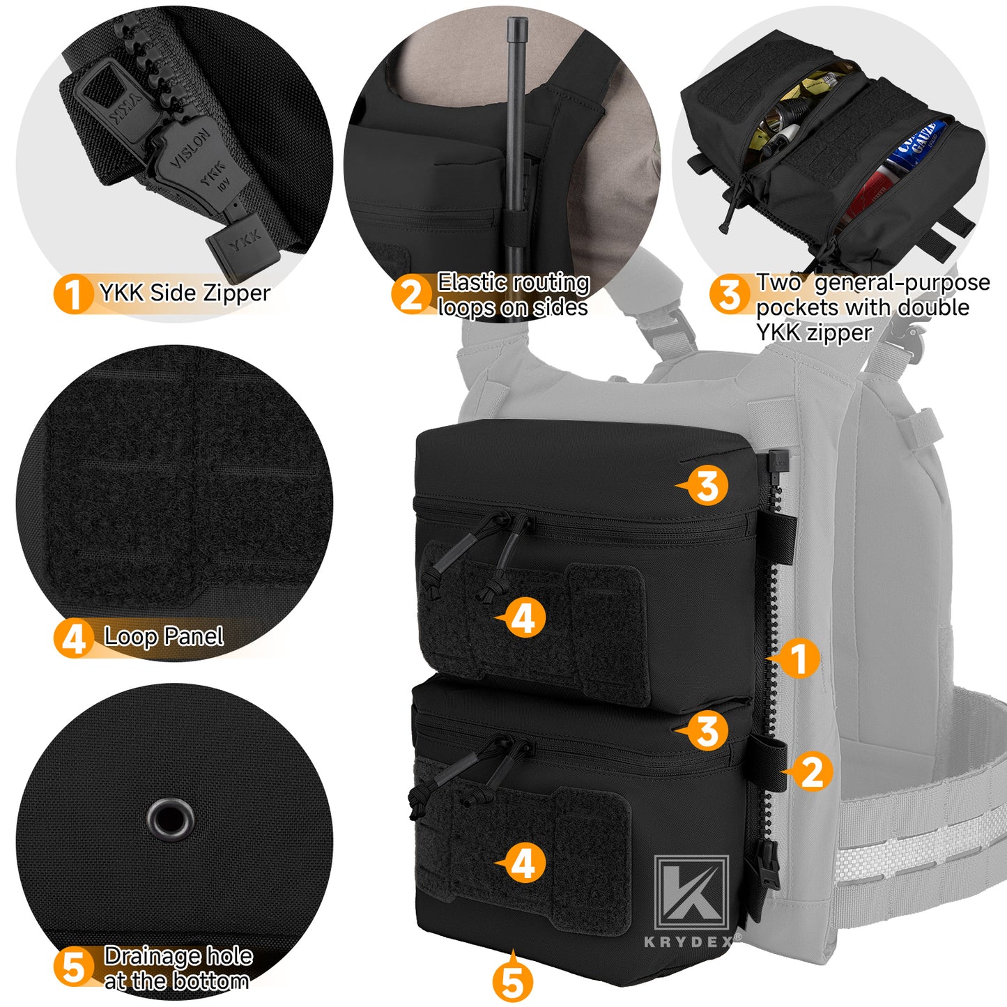 Krydex Tactical Back Panel Double Pouch Assault Zip On Modular Backpack for V5 vest