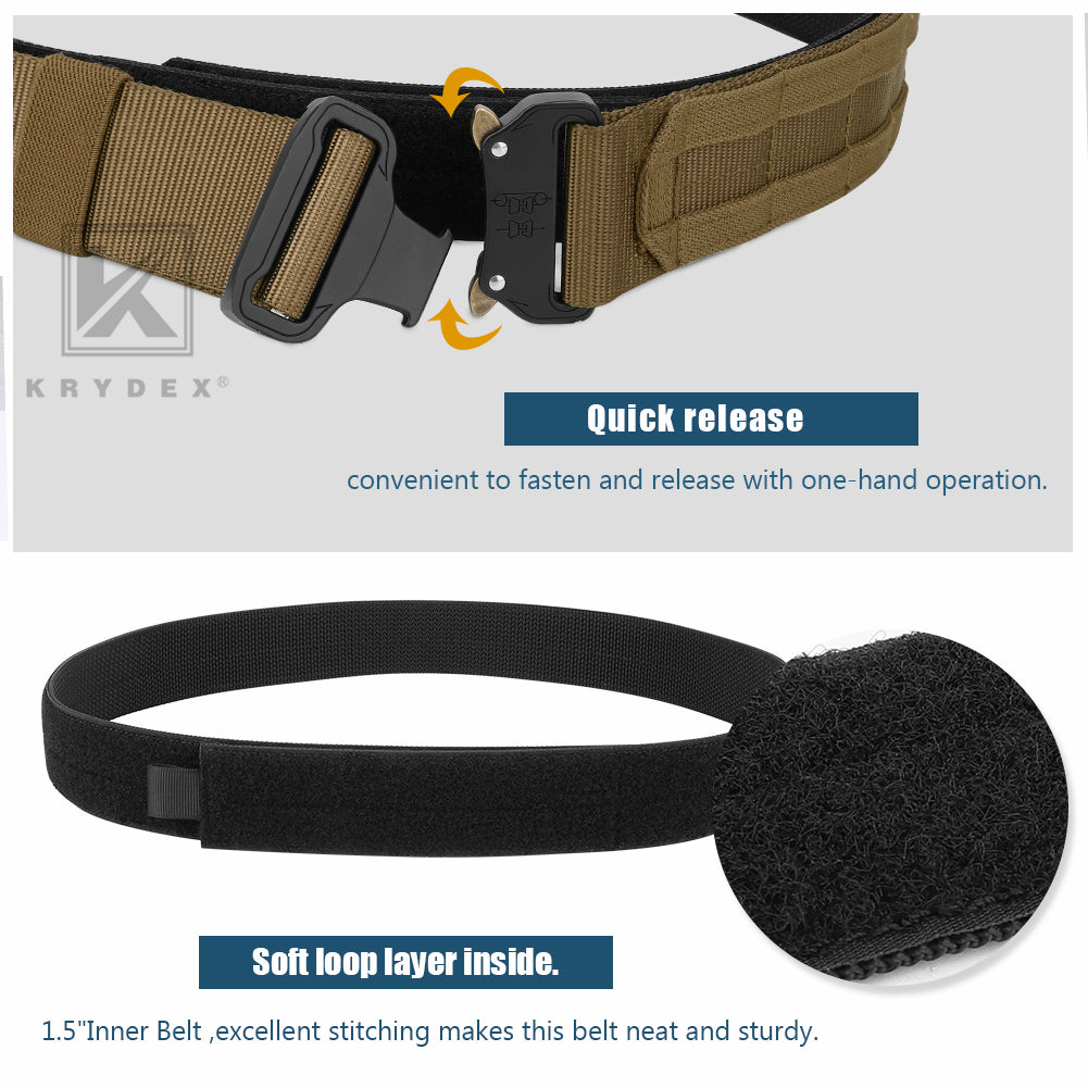 KRYDEX Quick Release 1.5"-1.75" Heavy Duty Metal Buckle Molle Rigger Outer & Inner Belt Airsoft Battle Tactical Outdoor Adjustable Waistband