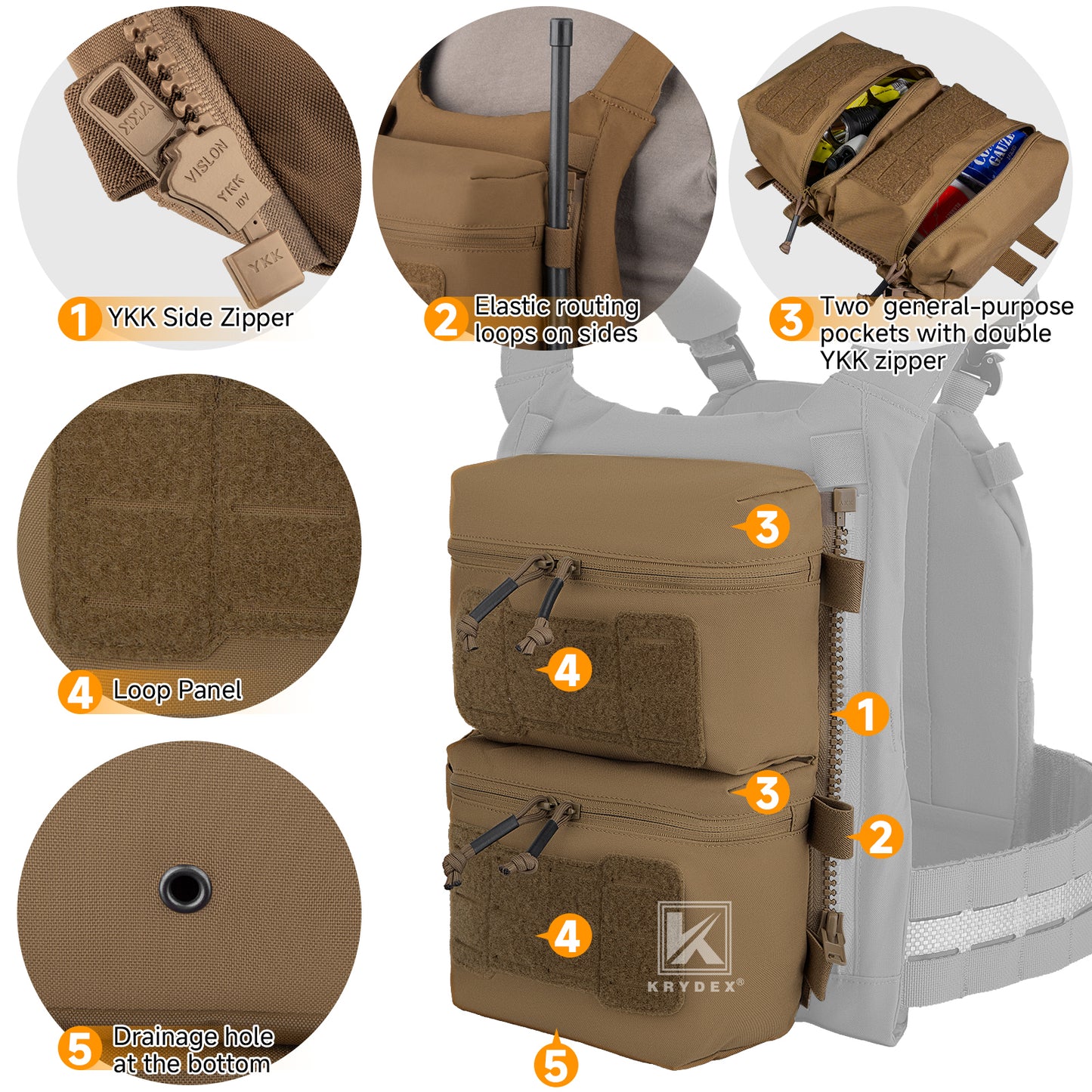 Krydex Tactical Back Panel Double Pouch Assault Zip On Modular Backpack for V5 vest