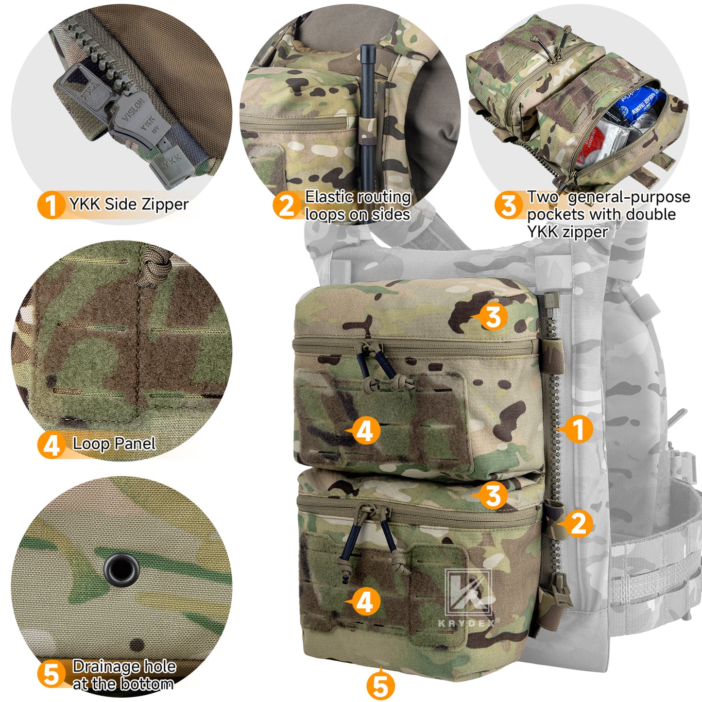 Krydex Tactical Back Panel Double Pouch Assault Zip On Modular Backpack for V5 vest