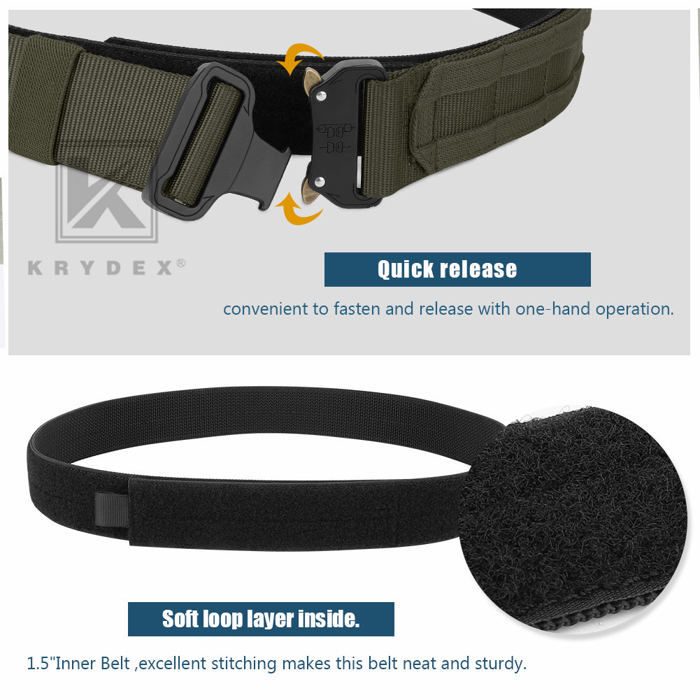 KRYDEX Quick Release 1.5"-1.75" Heavy Duty Metal Buckle Molle Rigger Outer & Inner Belt Airsoft Battle Tactical Outdoor Adjustable Waistband