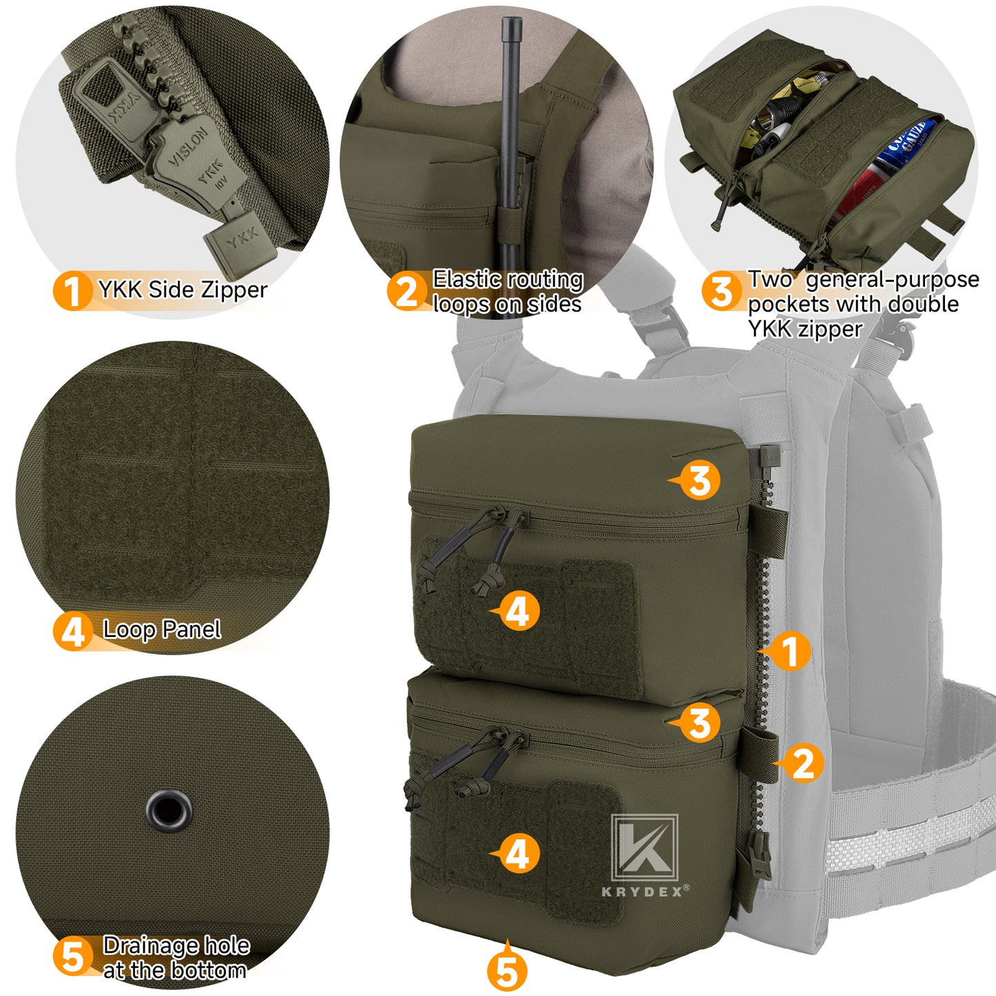 Krydex Tactical Back Panel Double Pouch Assault Zip On Modular Backpack for V5 vest